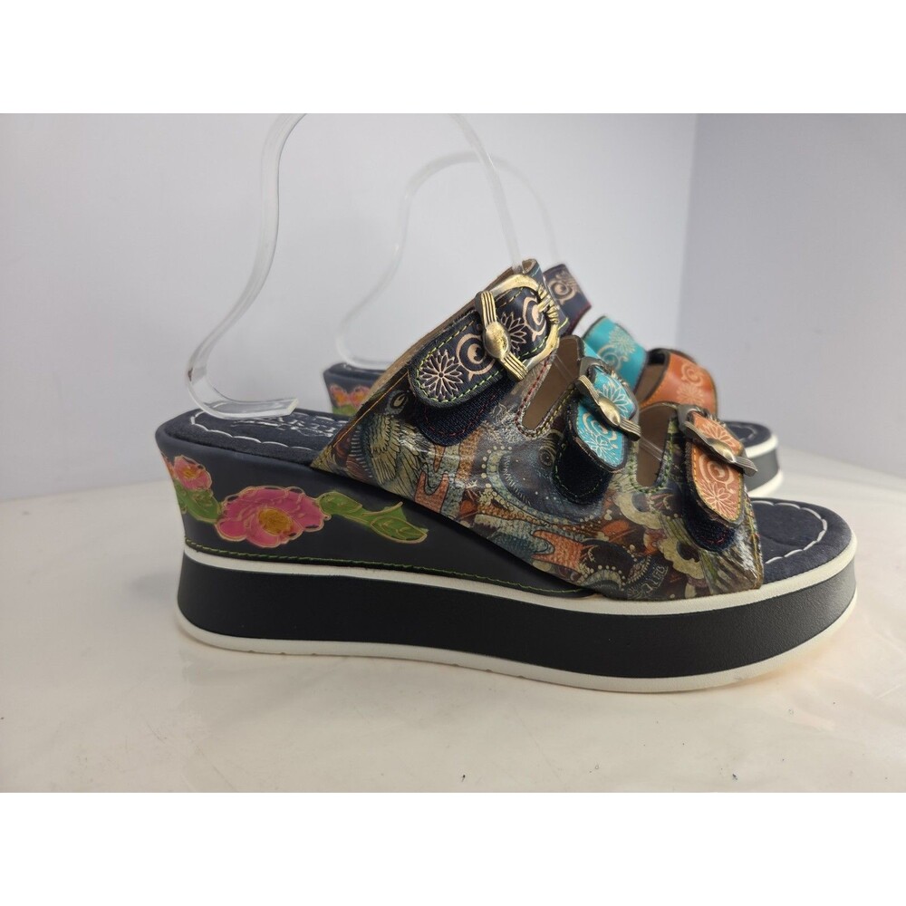 L'Artiste CALIGAL Spring Step Leather Navy & Floral Platform Wedge Boho Sz 41